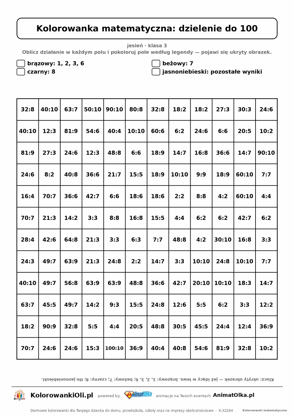 Kolorowanka matematyczna dzielenie do 100 — ukryty obrazek jeż, siatka 12×12, do druku A4
