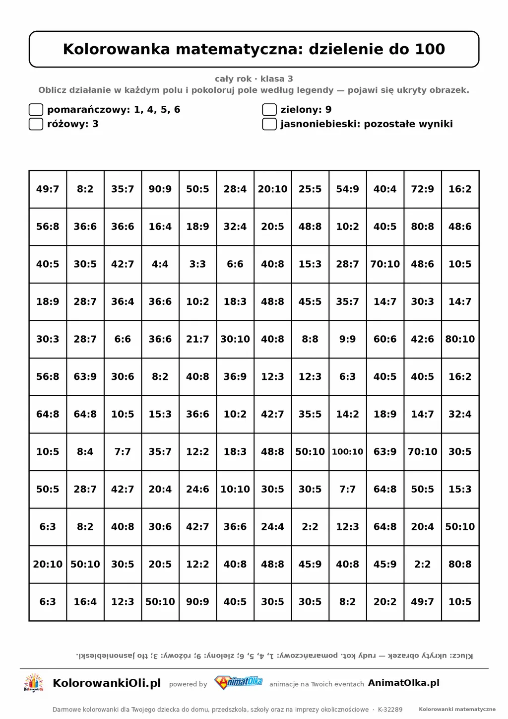 Kolorowanka matematyczna dzielenie do 100 — ukryty obrazek kot, siatka 12×12, do druku A4