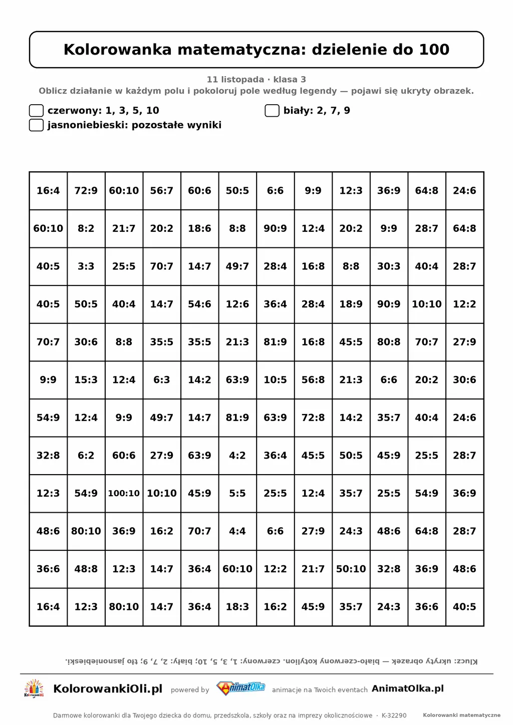 Kolorowanka matematyczna dzielenie do 100 — ukryty obrazek kotylion, siatka 12×12, do druku A4