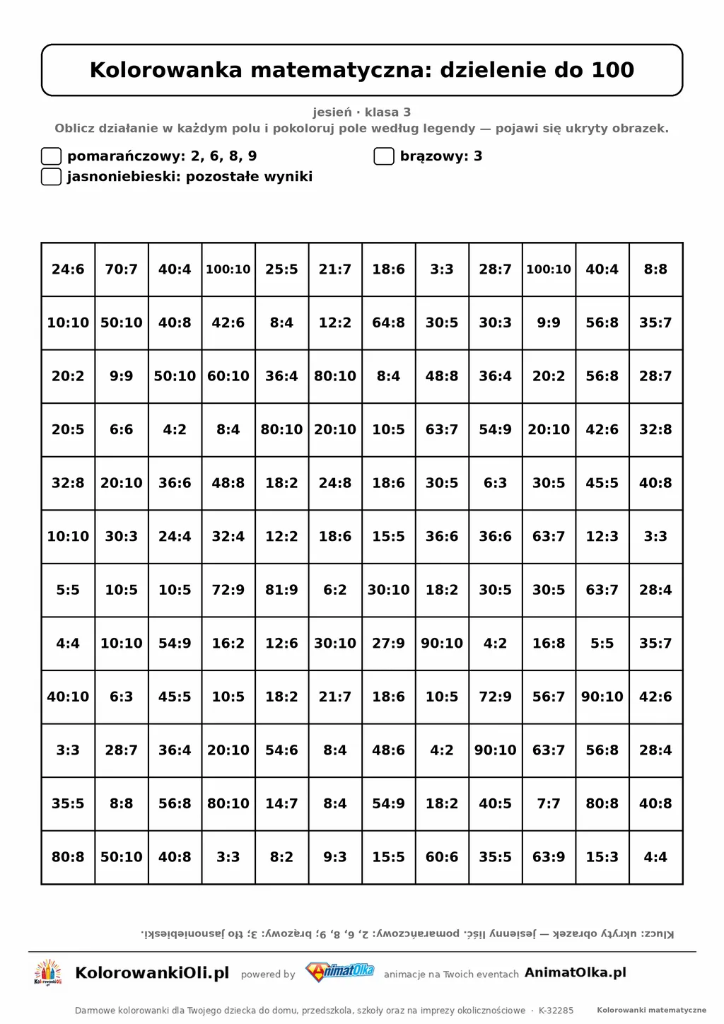 Kolorowanka matematyczna dzielenie do 100 — ukryty obrazek liść, siatka 12×12, do druku A4