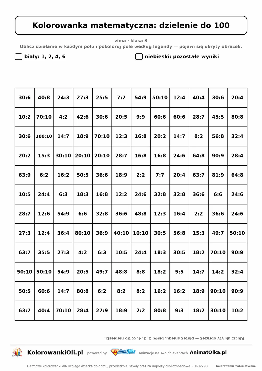 Kolorowanka matematyczna dzielenie do 100 — ukryty obrazek płatek śniegu, siatka 12×12, do druku A4