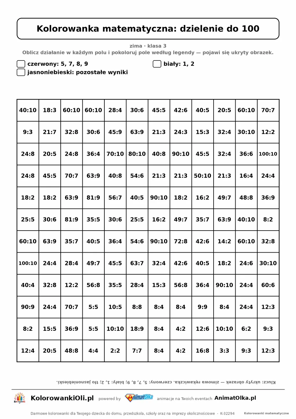 Kolorowanka matematyczna dzielenie do 100 — ukryty obrazek rękawiczka, siatka 12×12, do druku A4