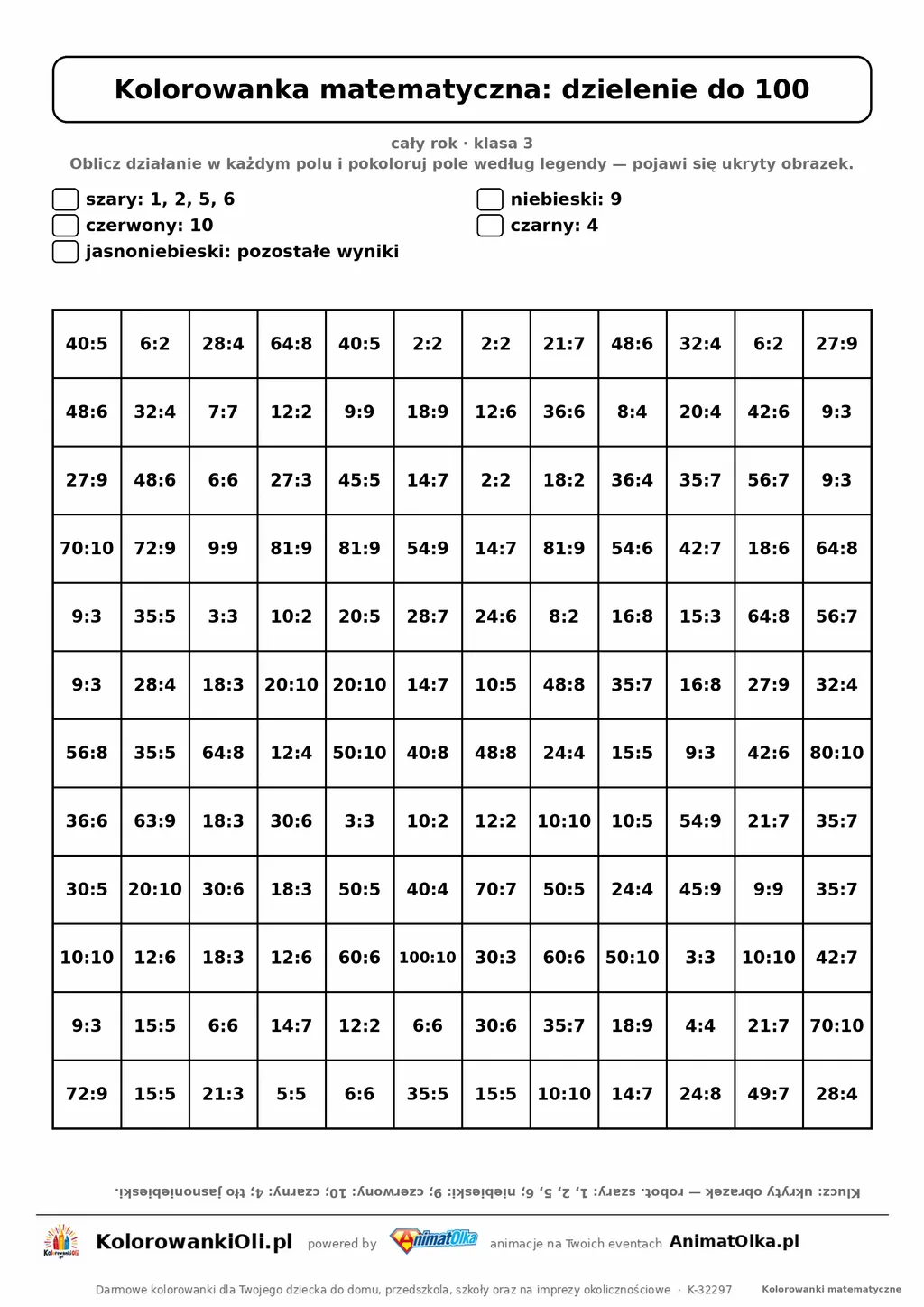 Kolorowanka matematyczna dzielenie do 100 — ukryty obrazek robot, siatka 12×12, do druku A4