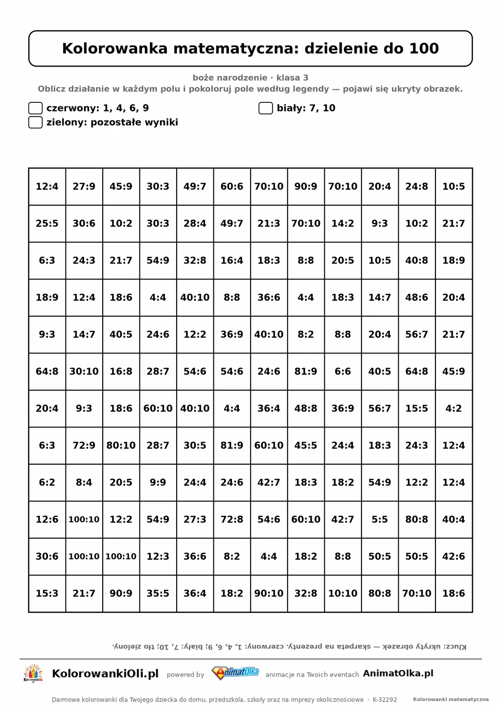 Kolorowanka matematyczna dzielenie do 100 — ukryty obrazek skarpeta na prezenty, siatka 12×12, do druku A4