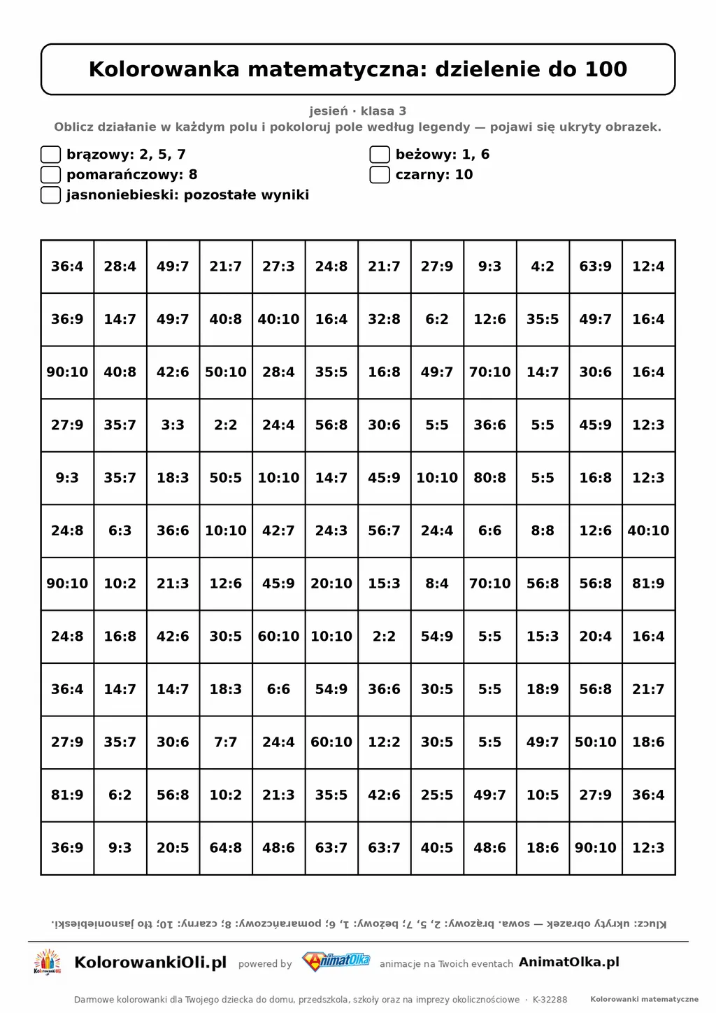 Kolorowanka matematyczna dzielenie do 100 — ukryty obrazek sowa, siatka 12×12, do druku A4
