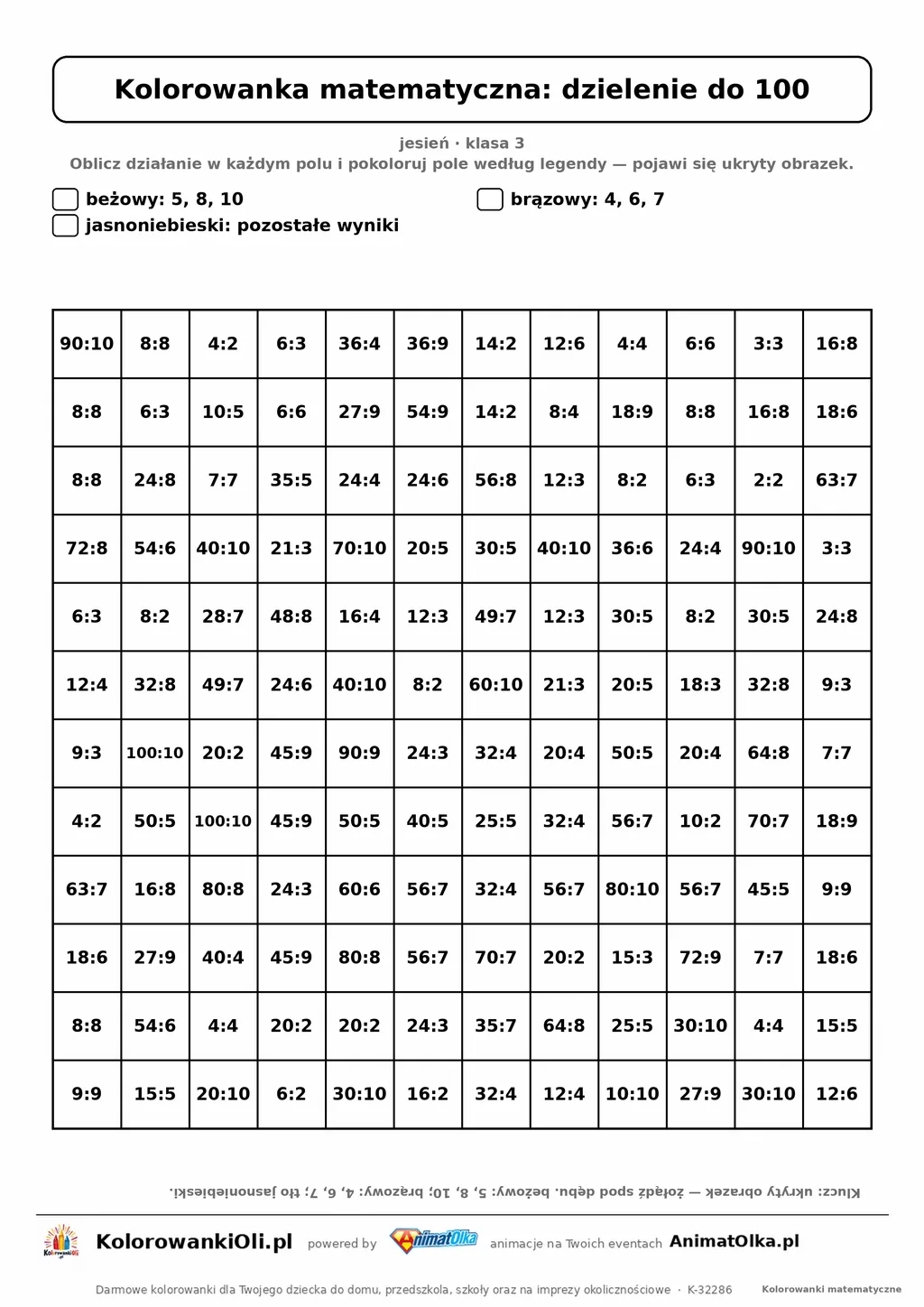 Kolorowanka matematyczna dzielenie do 100 — ukryty obrazek żołądź, siatka 12×12, do druku A4