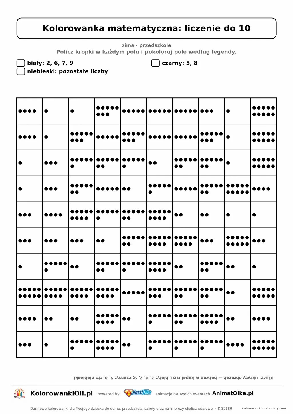 Kolorowanka matematyczna liczenie do 10 — ukryty obrazek bałwan, siatka 10×10, do druku A4