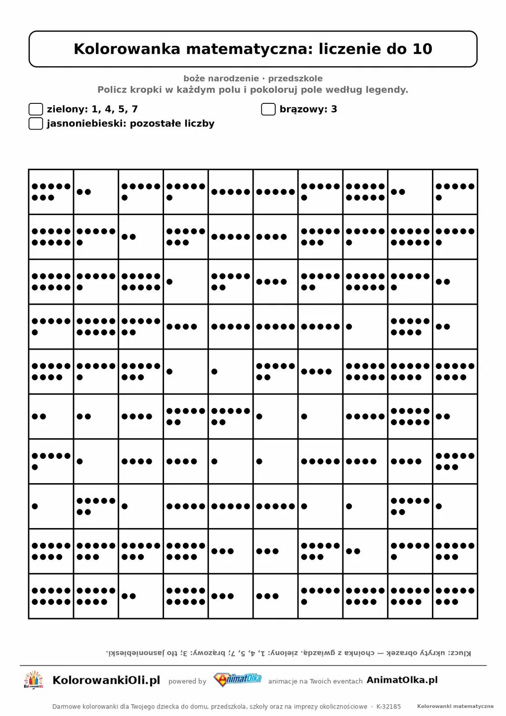 Kolorowanka matematyczna liczenie do 10 — ukryty obrazek choinka, siatka 10×10, do druku A4