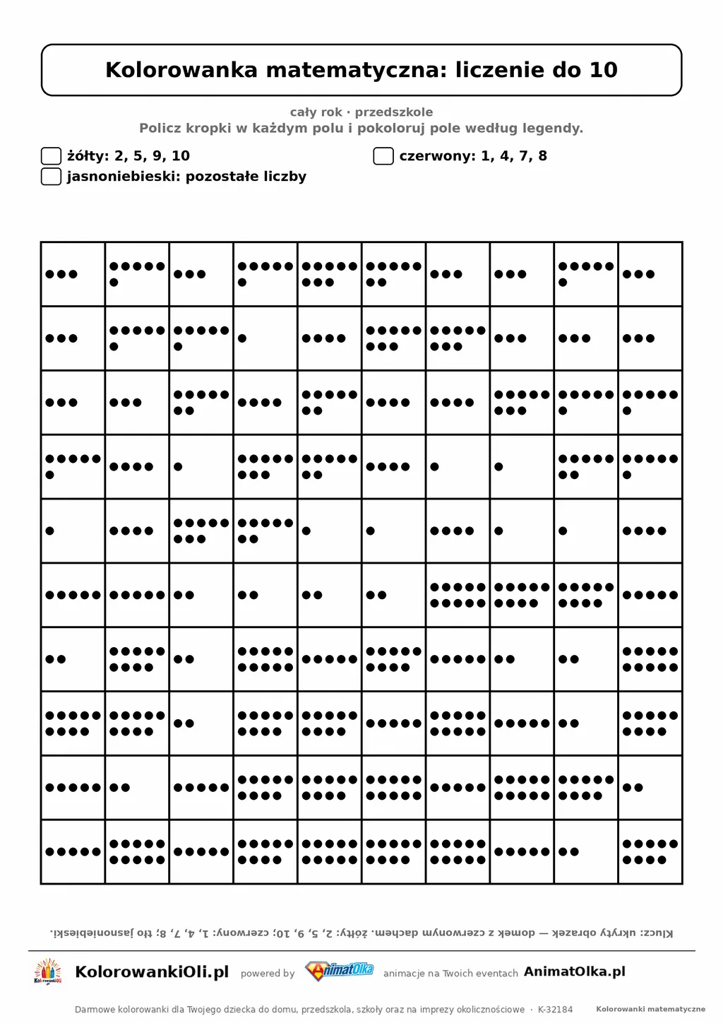 Kolorowanka matematyczna liczenie do 10 — ukryty obrazek dom, siatka 10×10, do druku A4