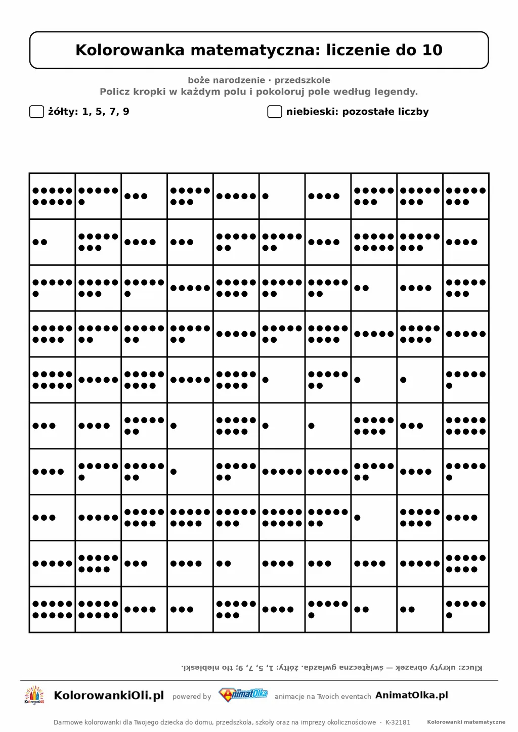 Kolorowanka matematyczna liczenie do 10 — ukryty obrazek gwiazda, siatka 10×10, do druku A4
