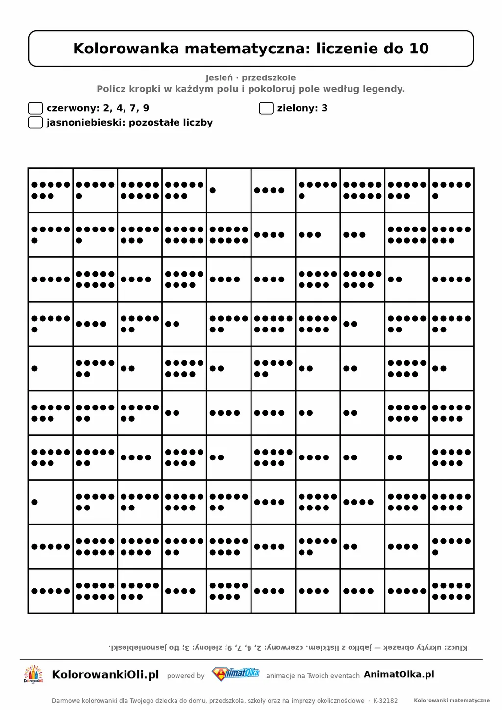 Kolorowanka matematyczna liczenie do 10 — ukryty obrazek jabłko, siatka 10×10, do druku A4