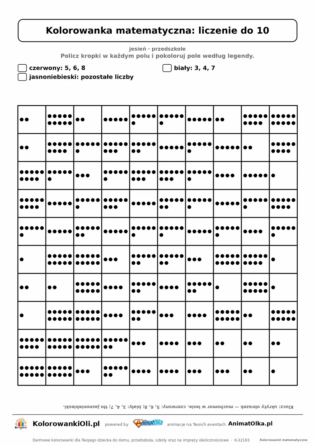 Kolorowanka matematyczna liczenie do 10 — ukryty obrazek muchomor, siatka 10×10, do druku A4