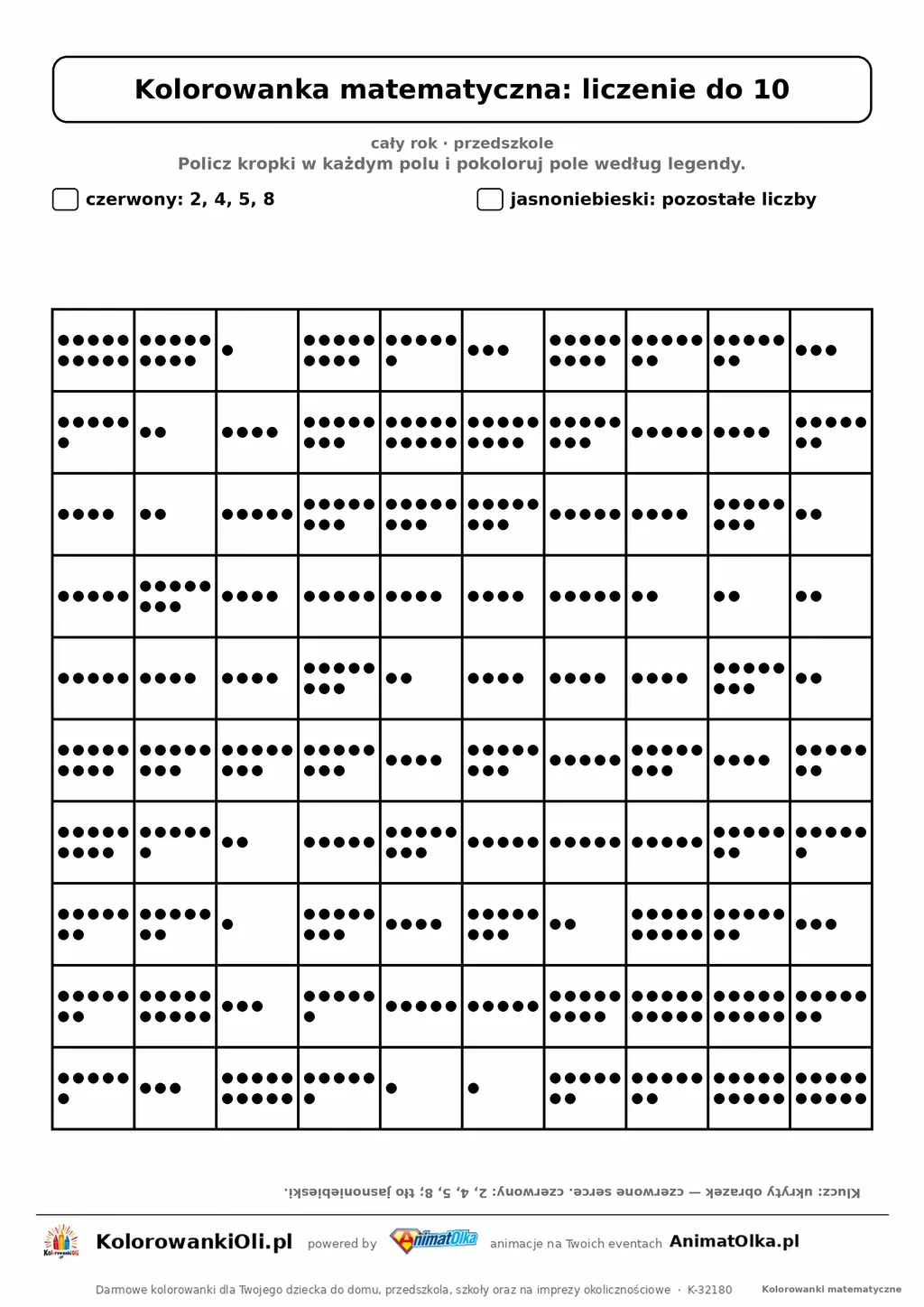 Kolorowanka matematyczna liczenie do 10 — ukryty obrazek serce, siatka 10×10, do druku A4