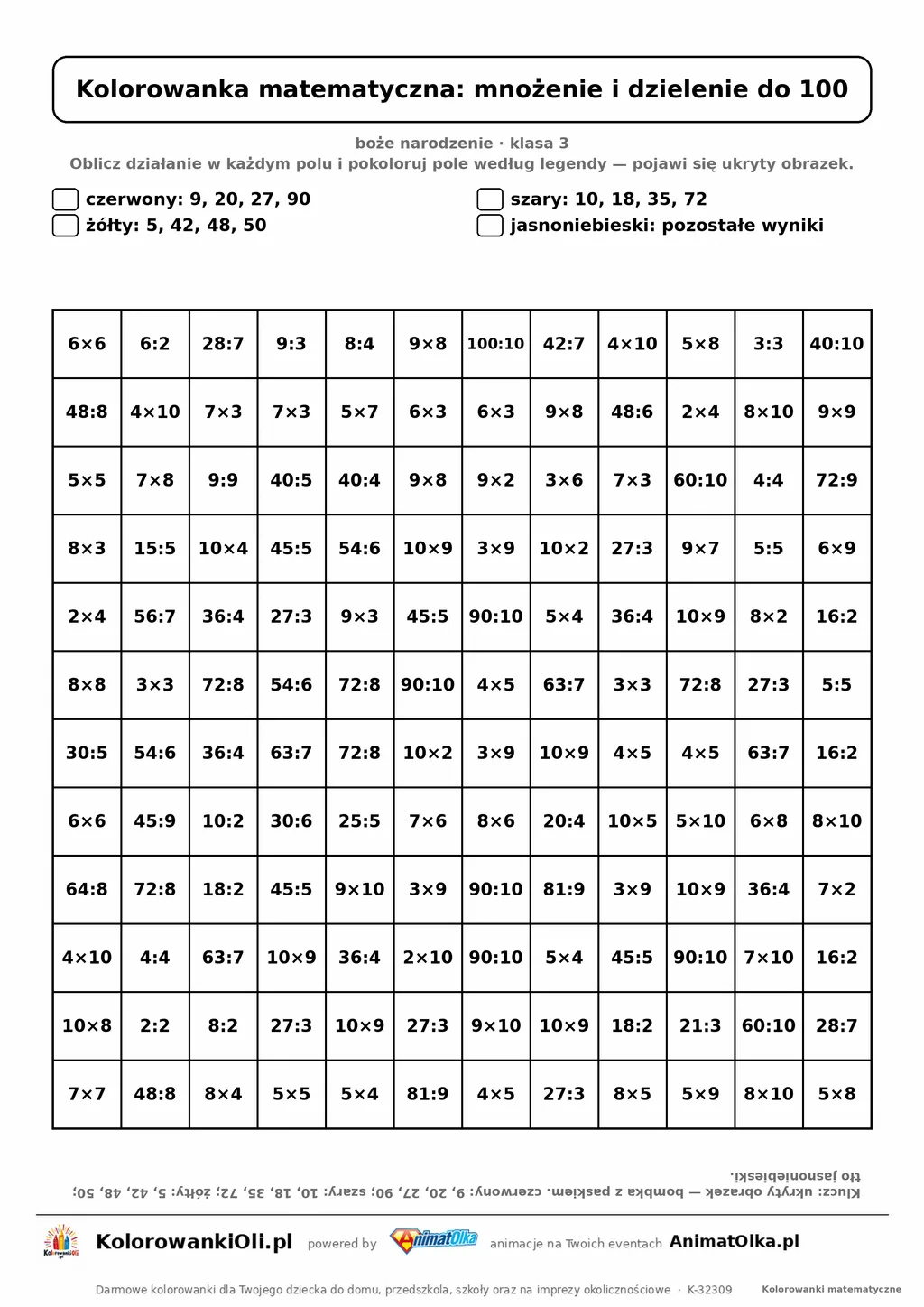 Kolorowanka matematyczna mnożenie i dzielenie do 100 — ukryty obrazek bombka, siatka 12×12, do druku A4