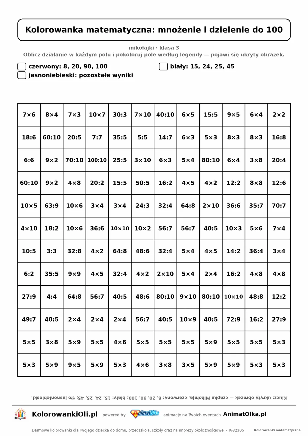 Kolorowanka matematyczna mnożenie i dzielenie do 100 — ukryty obrazek czapka Mikołaja, siatka 12×12, do druku A4