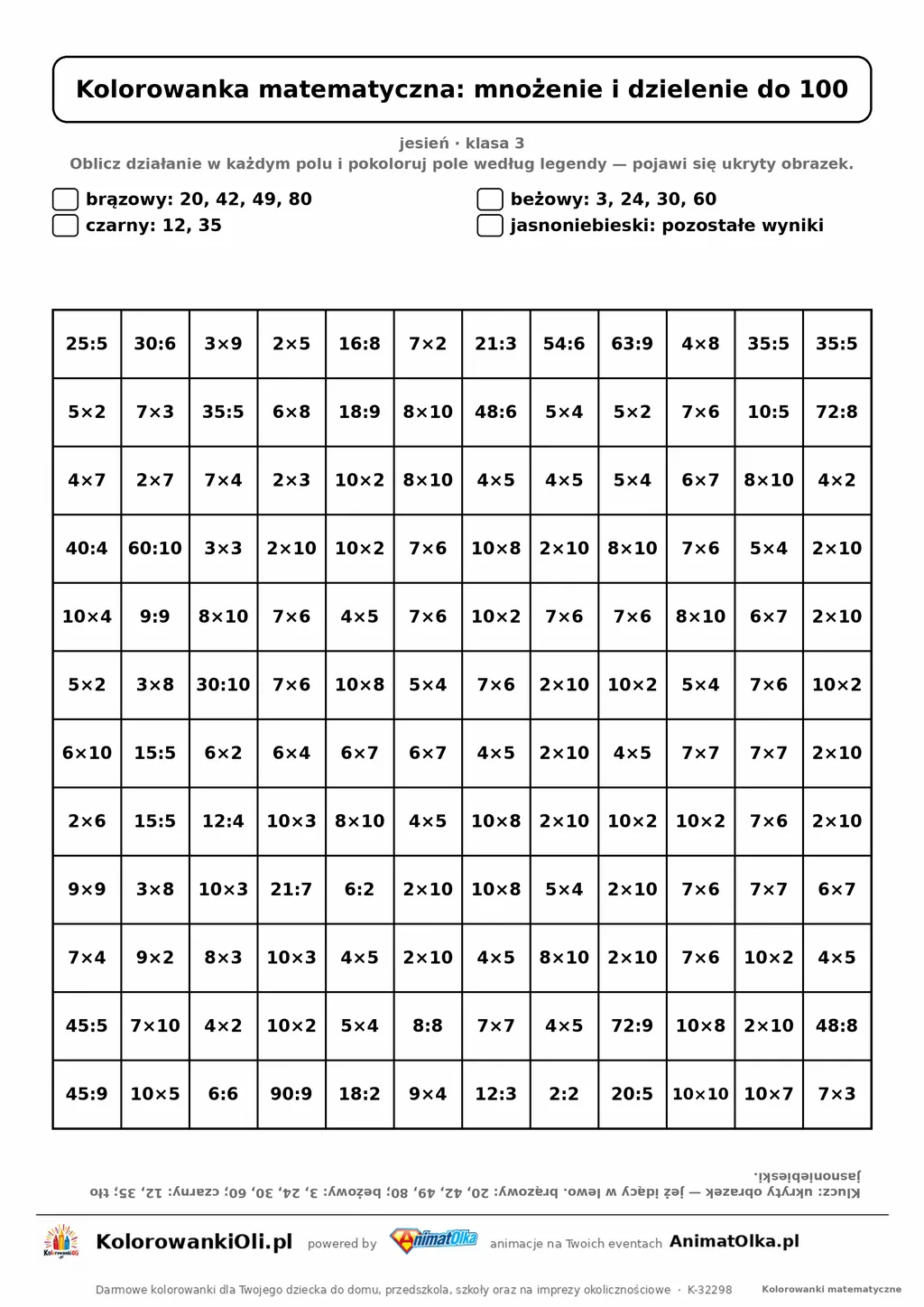 Kolorowanka matematyczna mnożenie i dzielenie do 100 — ukryty obrazek jeż, siatka 12×12, do druku A4