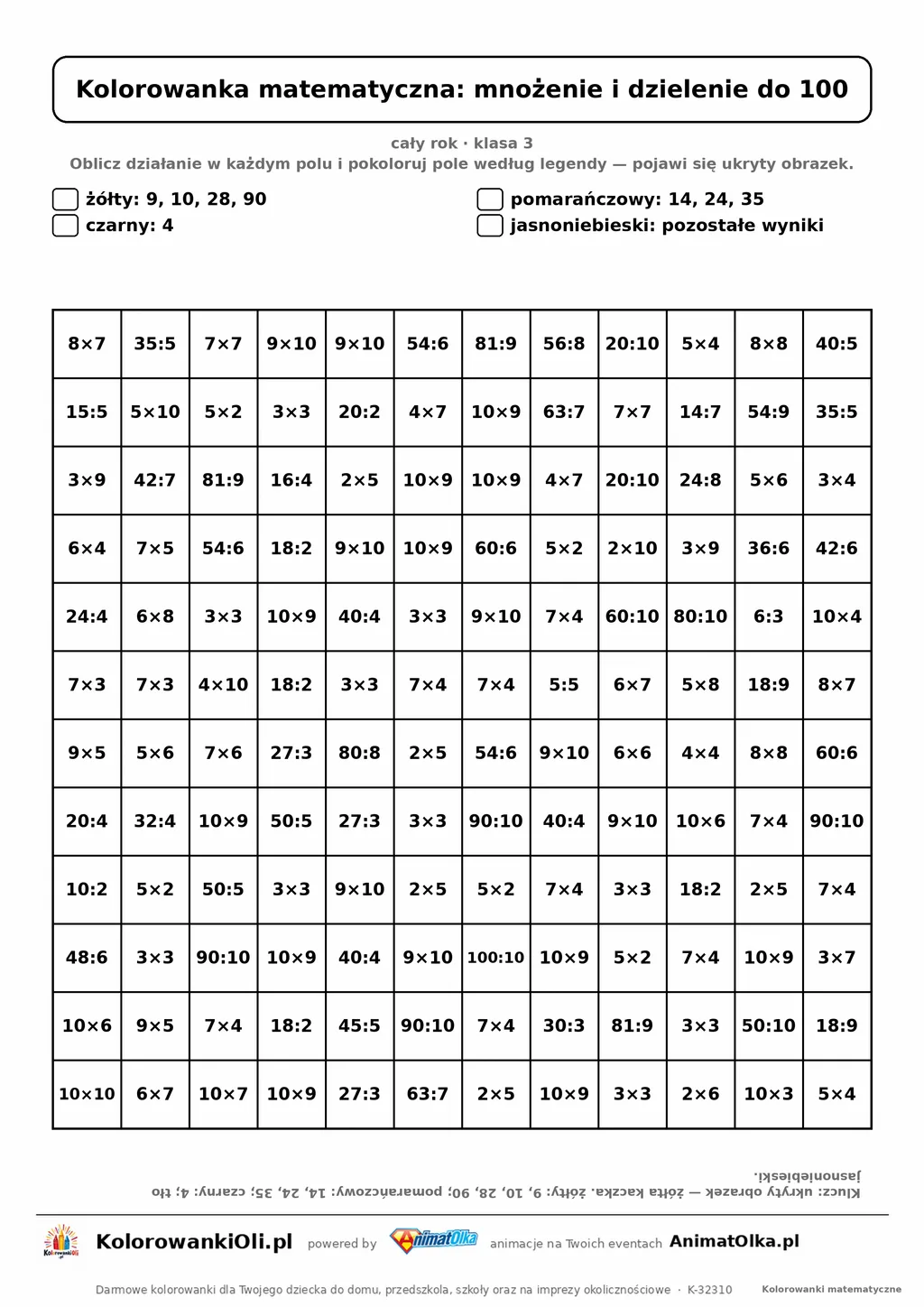 Kolorowanka matematyczna mnożenie i dzielenie do 100 — ukryty obrazek kaczka, siatka 12×12, do druku A4