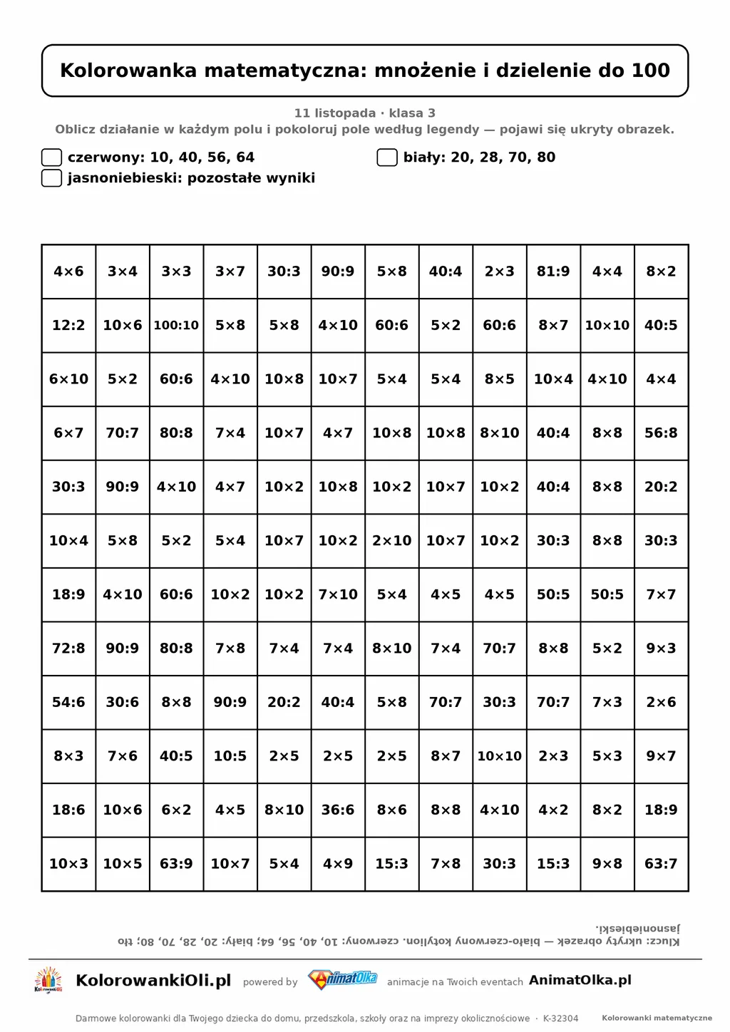 Kolorowanka matematyczna mnożenie i dzielenie do 100 — ukryty obrazek kotylion, siatka 12×12, do druku A4
