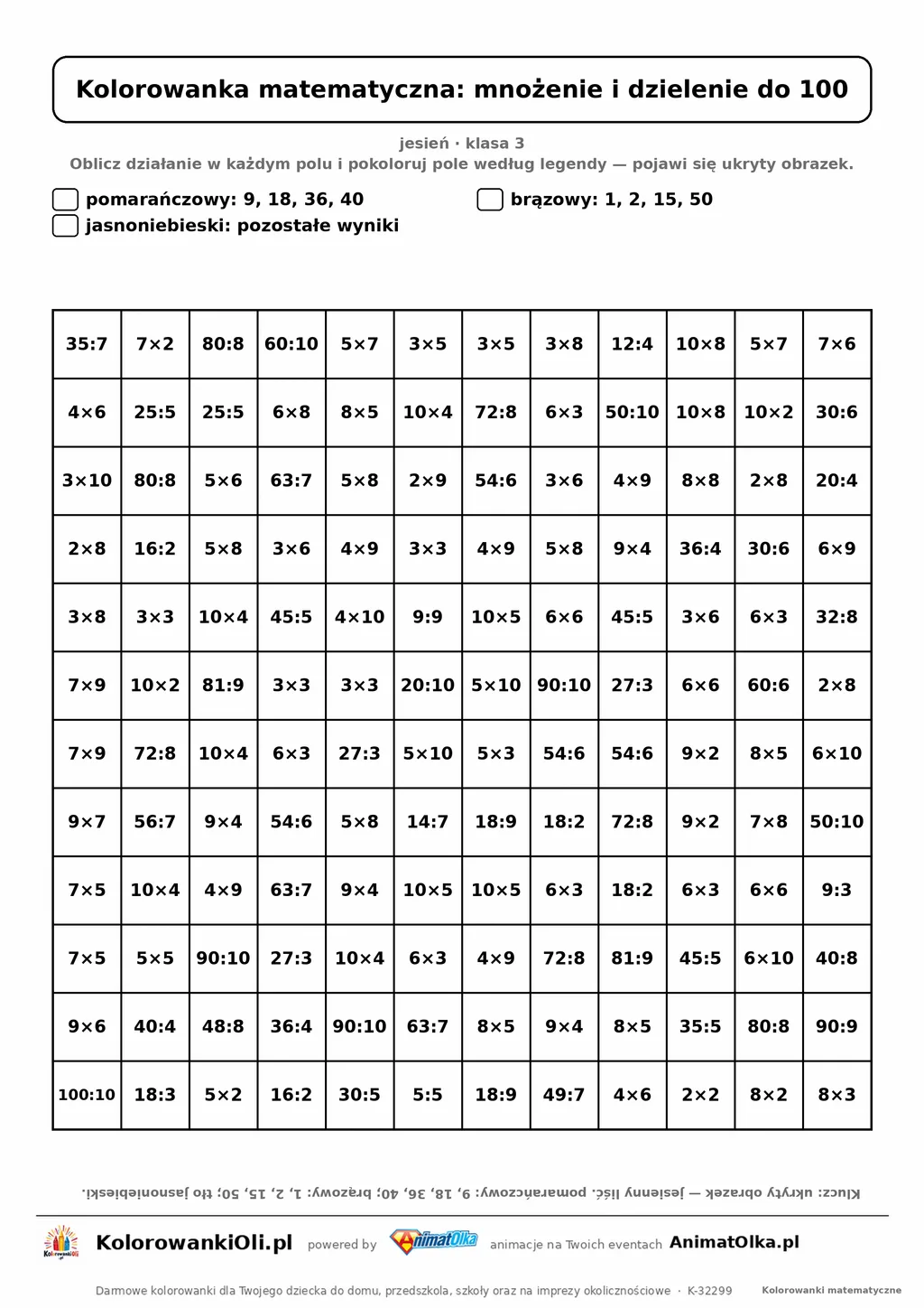 Kolorowanka matematyczna mnożenie i dzielenie do 100 — ukryty obrazek liść, siatka 12×12, do druku A4