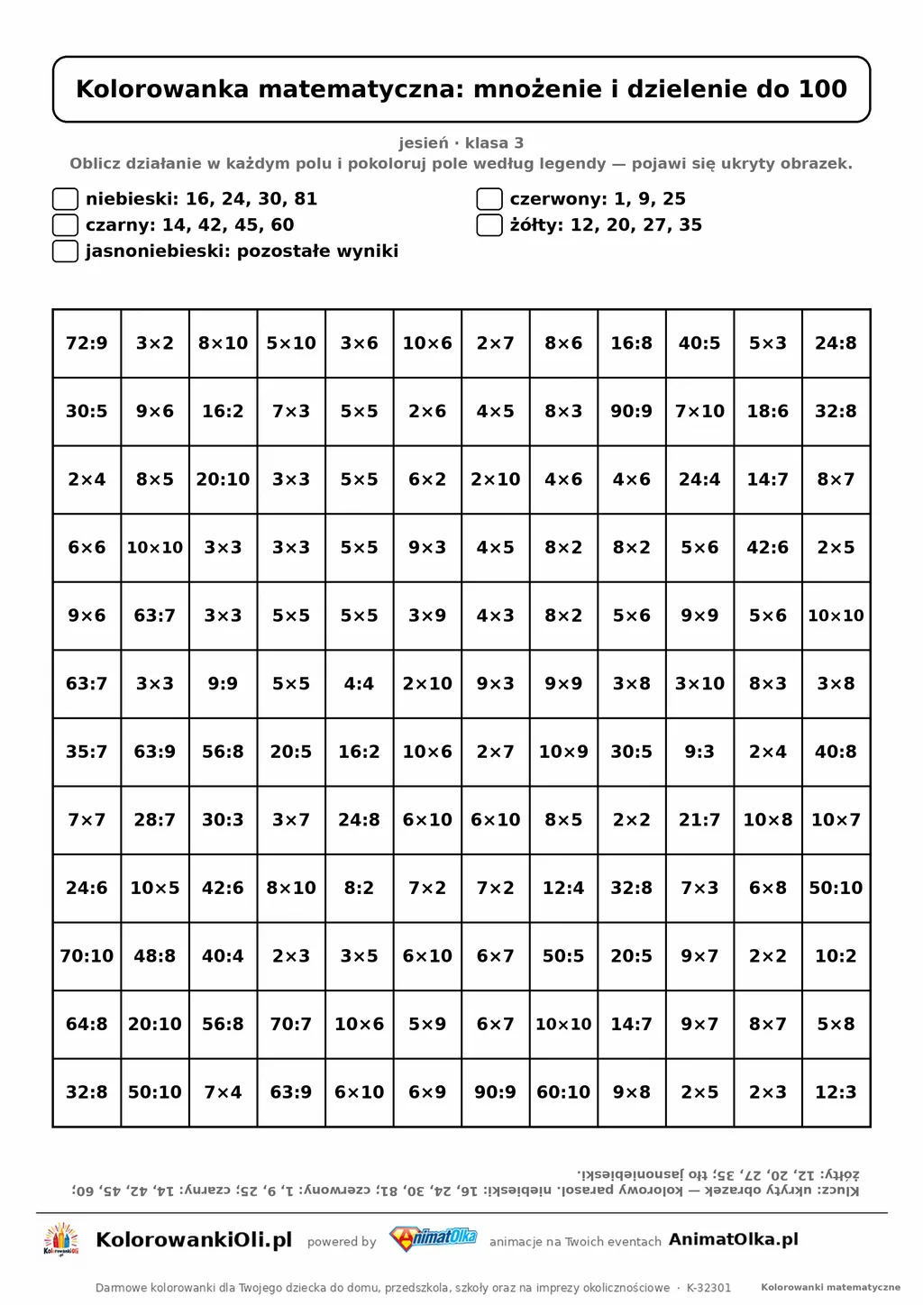 Kolorowanka matematyczna mnożenie i dzielenie do 100 — ukryty obrazek parasol, siatka 12×12, do druku A4