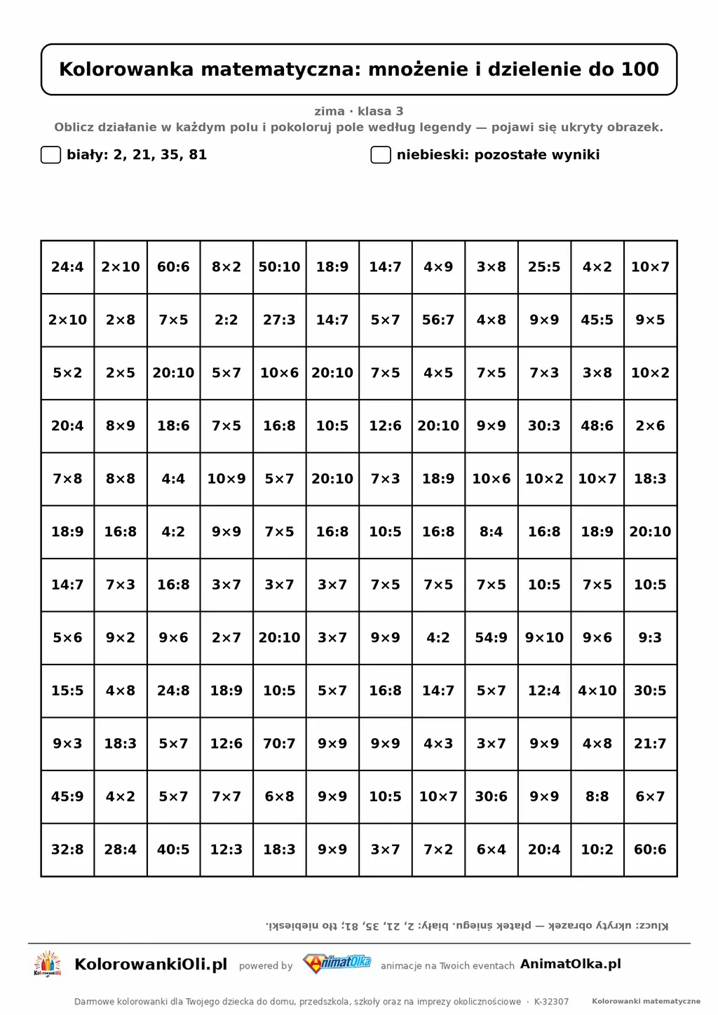 Kolorowanka matematyczna mnożenie i dzielenie do 100 — ukryty obrazek płatek śniegu, siatka 12×12, do druku A4