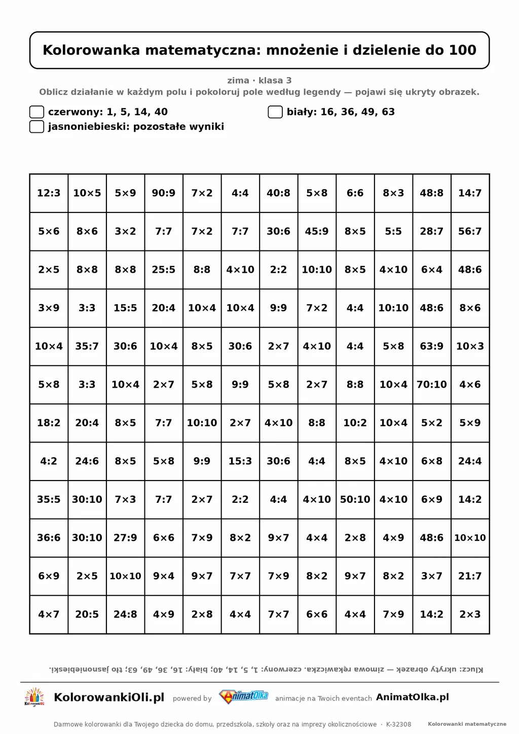 Kolorowanka matematyczna mnożenie i dzielenie do 100 — ukryty obrazek rękawiczka, siatka 12×12, do druku A4