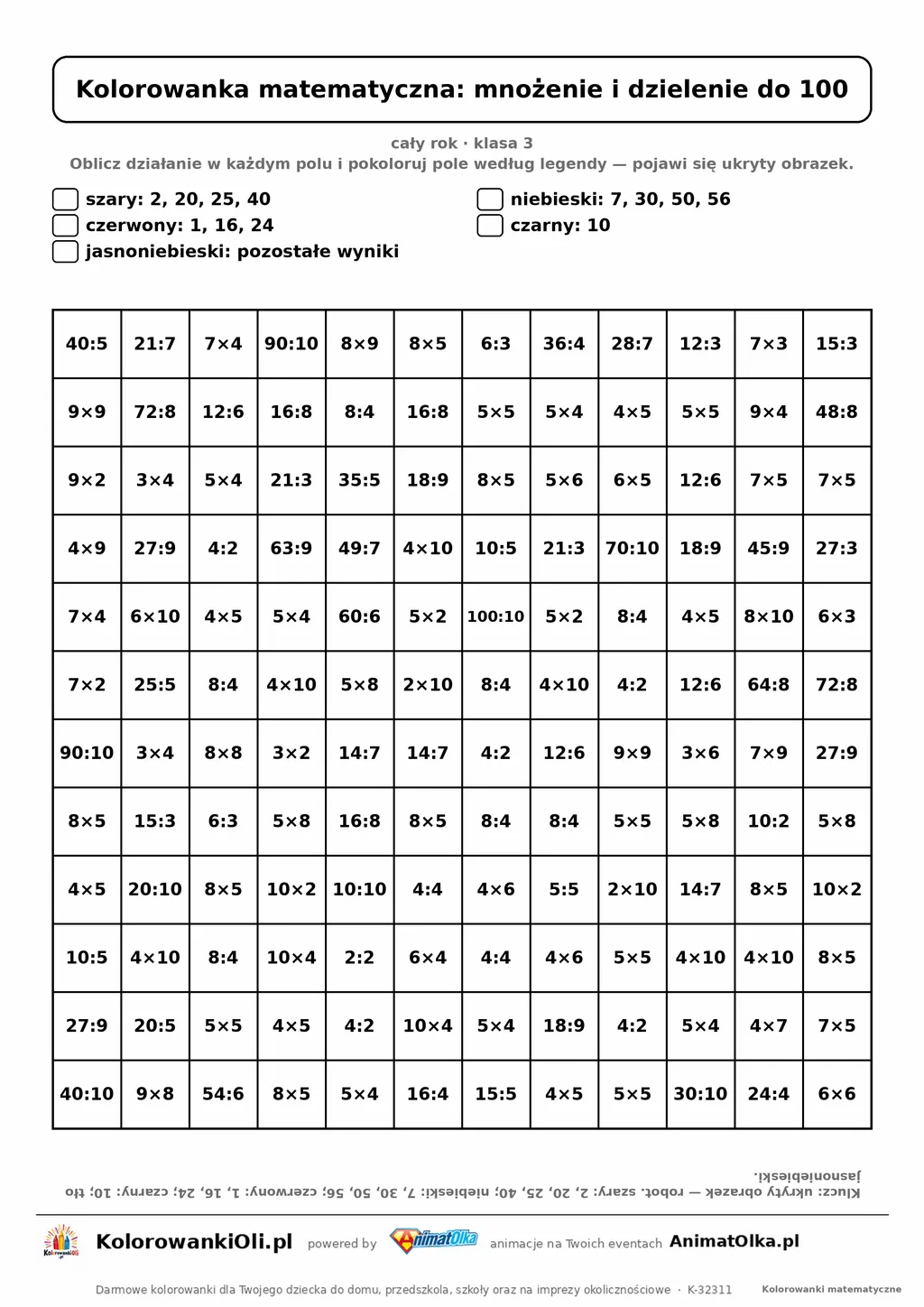 Kolorowanka matematyczna mnożenie i dzielenie do 100 — ukryty obrazek robot, siatka 12×12, do druku A4