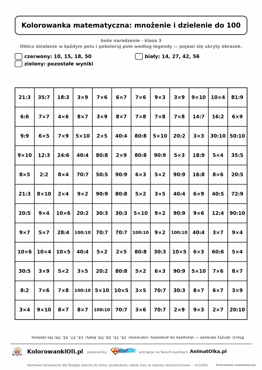 Kolorowanka matematyczna mnożenie i dzielenie do 100 — ukryty obrazek skarpeta na prezenty, siatka 12×12, do druku A4