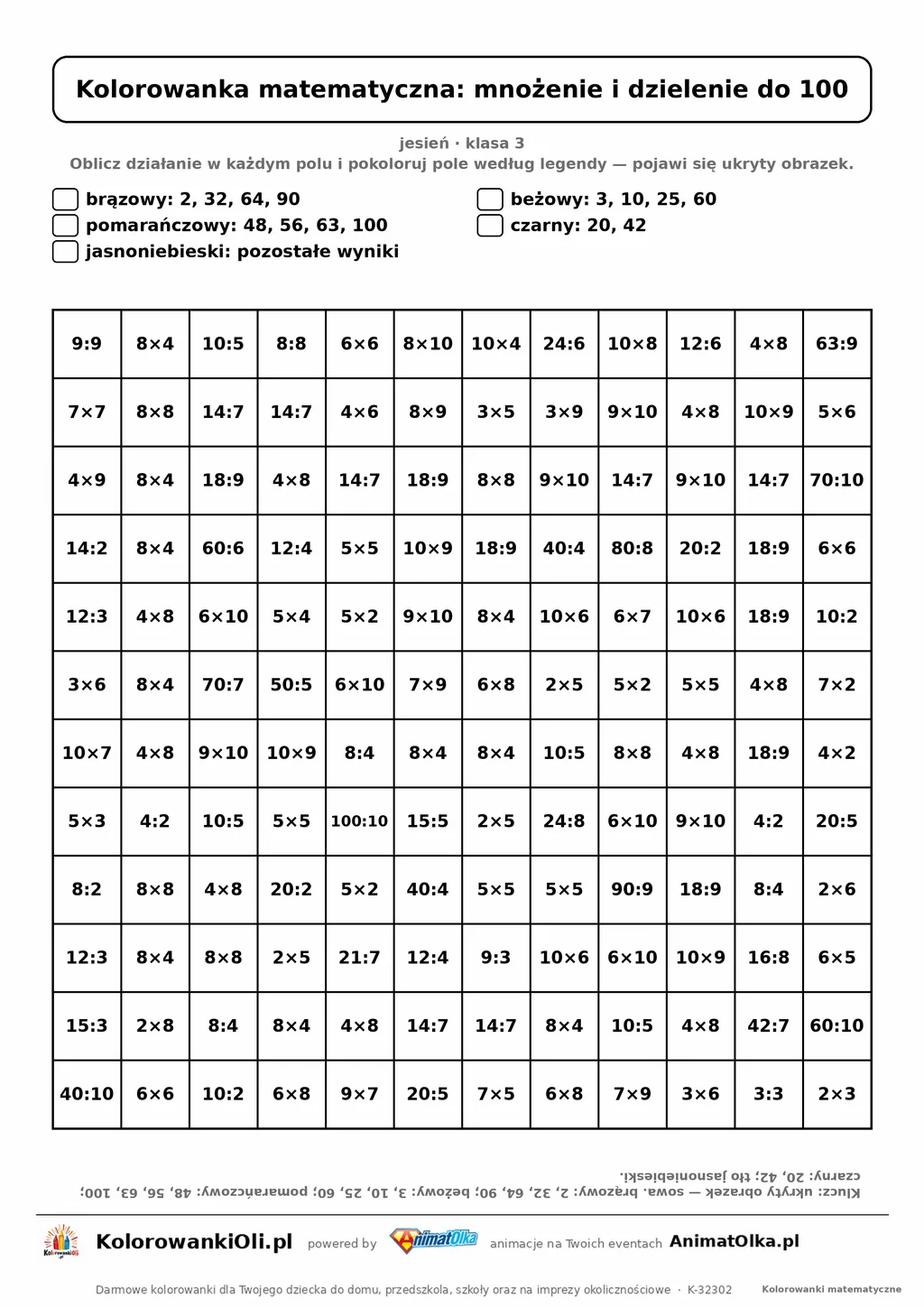 Kolorowanka matematyczna mnożenie i dzielenie do 100 — ukryty obrazek sowa, siatka 12×12, do druku A4