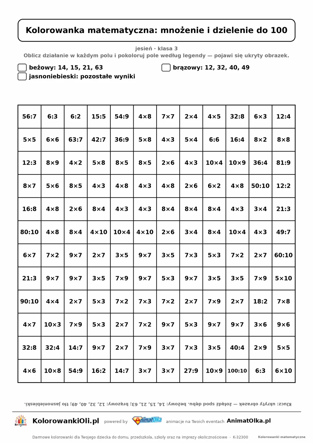 Kolorowanka matematyczna mnożenie i dzielenie do 100 — ukryty obrazek żołądź, siatka 12×12, do druku A4