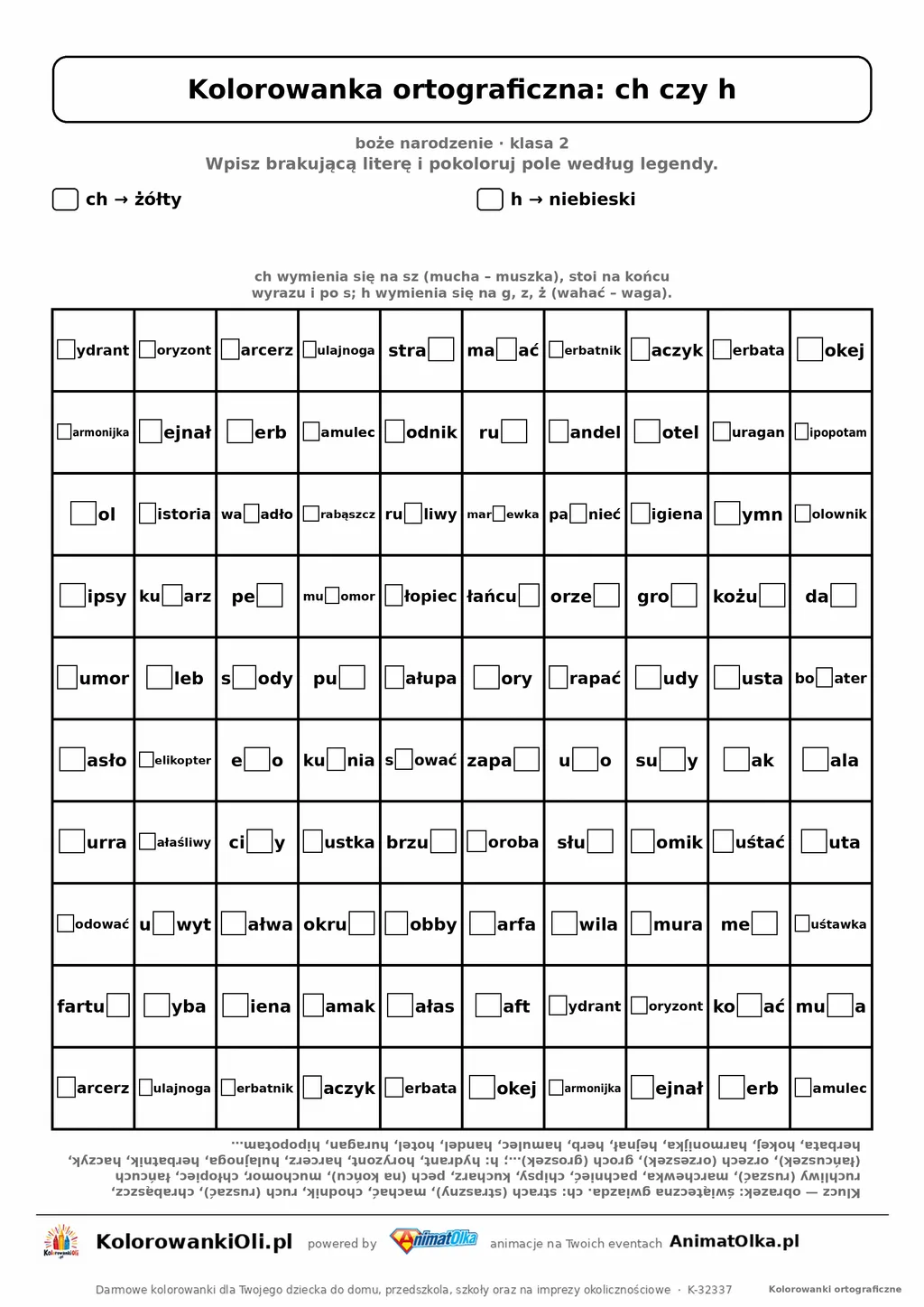 Kolorowanka ortograficzna ch czy h — 100 wyrazów z luką, obrazek gwiazda, do druku (klasa 2)