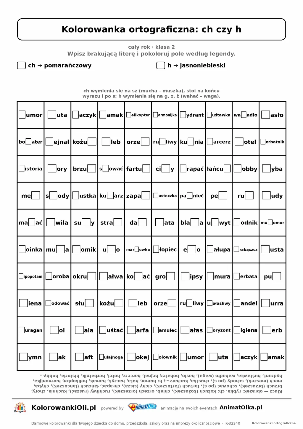 Kolorowanka ortograficzna ch czy h — 100 wyrazów z luką, obrazek rybka, do druku (klasa 2)