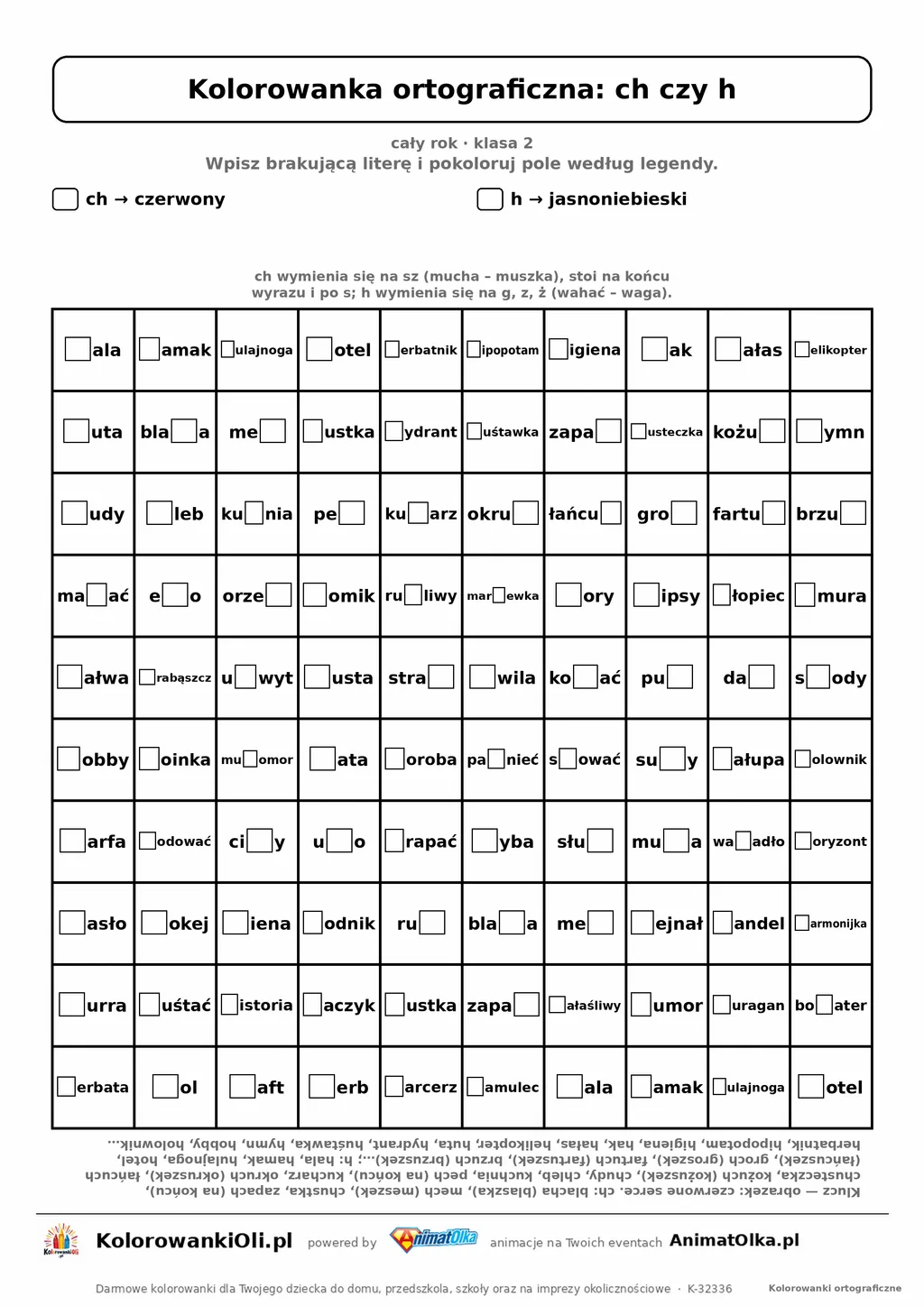 Kolorowanka ortograficzna ch czy h — 100 wyrazów z luką, obrazek serce, do druku (klasa 2)