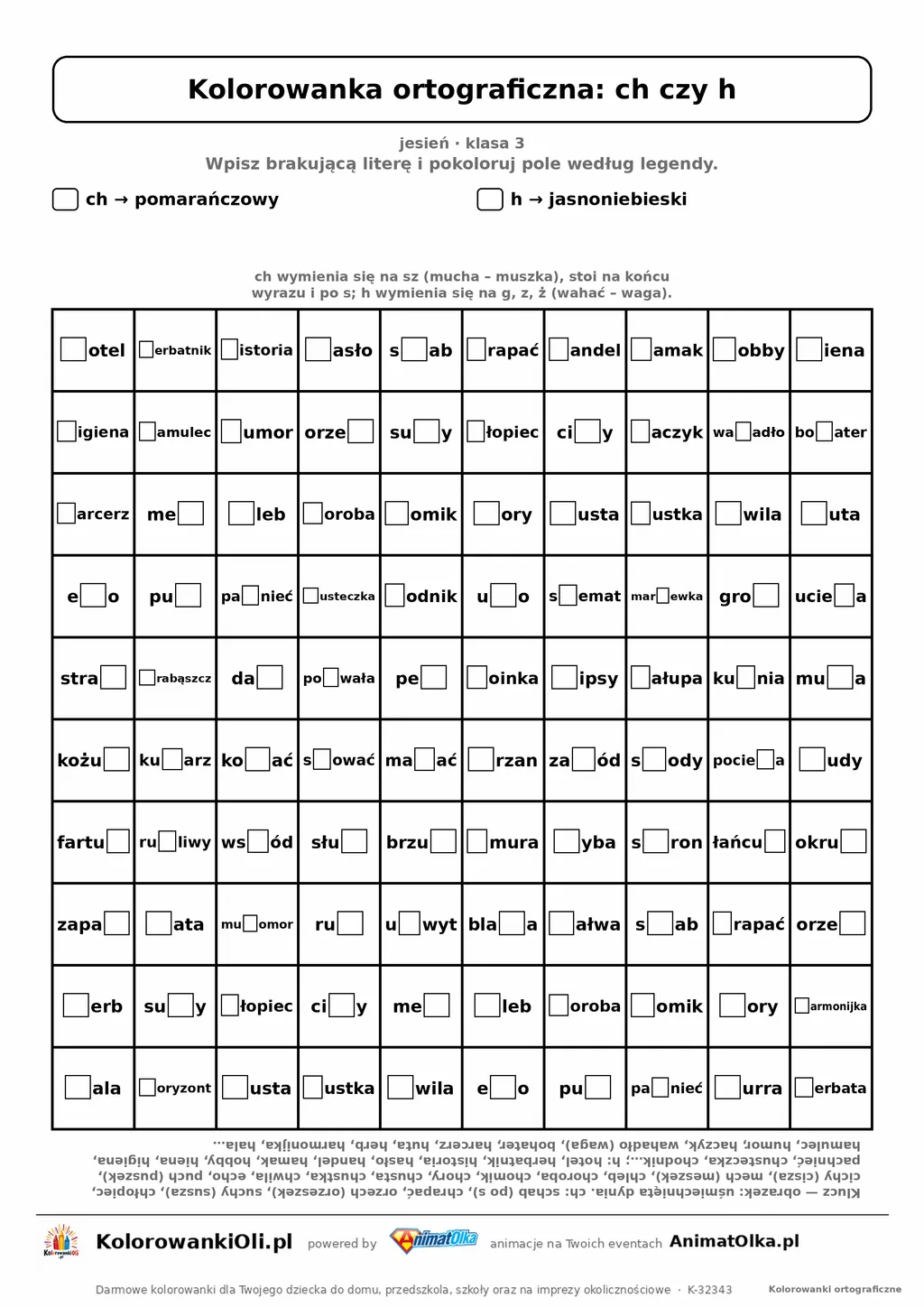 Kolorowanka ortograficzna ch czy h — 100 wyrazów z luką, obrazek dynia, do druku (klasa 3)