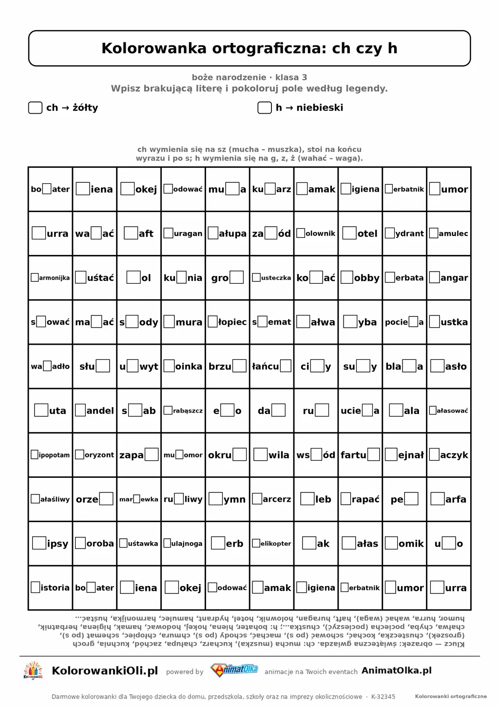 Kolorowanka ortograficzna ch czy h — 100 wyrazów z luką, obrazek gwiazda, do druku (klasa 3)