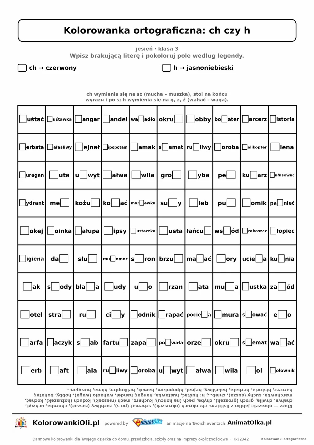 Kolorowanka ortograficzna ch czy h — 100 wyrazów z luką, obrazek jabłko, do druku (klasa 3)