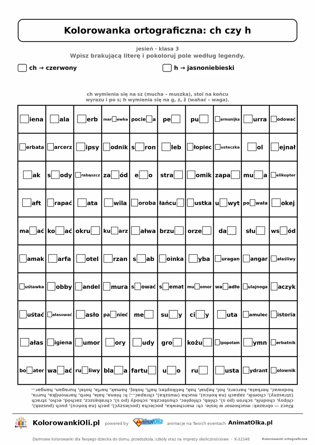 Kolorowanka ortograficzna ch czy h — 100 wyrazów z luką, obrazek muchomor, do druku (klasa 3)