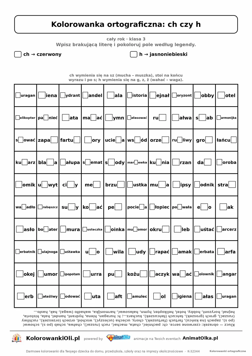 Kolorowanka ortograficzna ch czy h — 100 wyrazów z luką, obrazek serce, do druku (klasa 3)