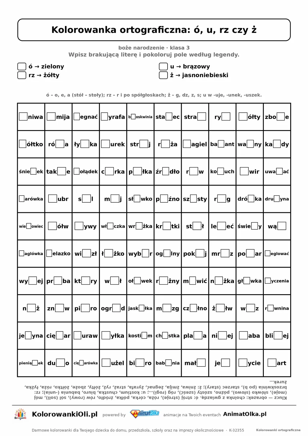Kolorowanka ortograficzna ó, u, rz czy ż — 100 wyrazów z luką, obrazek choinka, do druku (klasa 3)