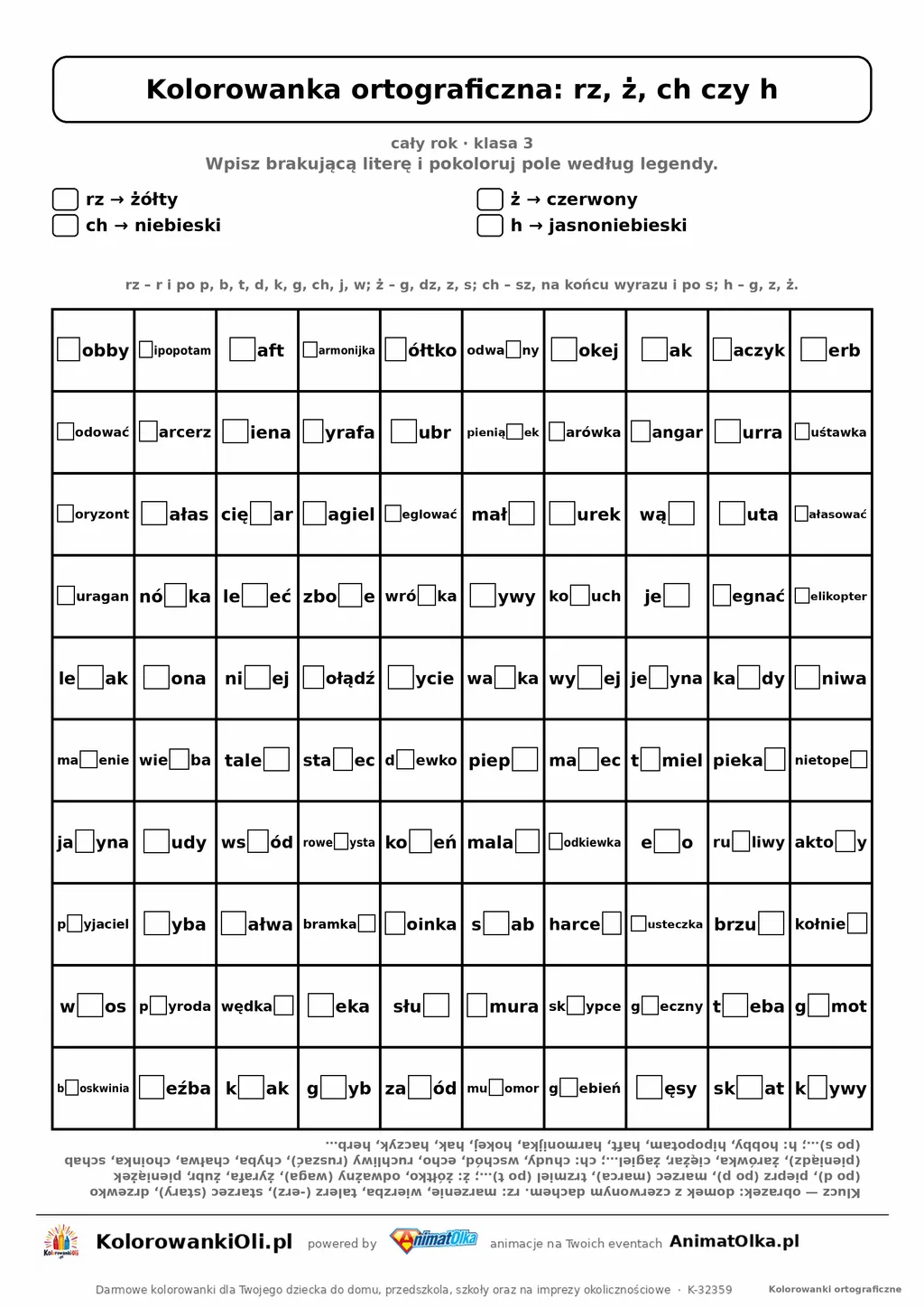 Kolorowanka ortograficzna rz, ż, ch czy h — 100 wyrazów z luką, obrazek dom, do druku (klasa 3)