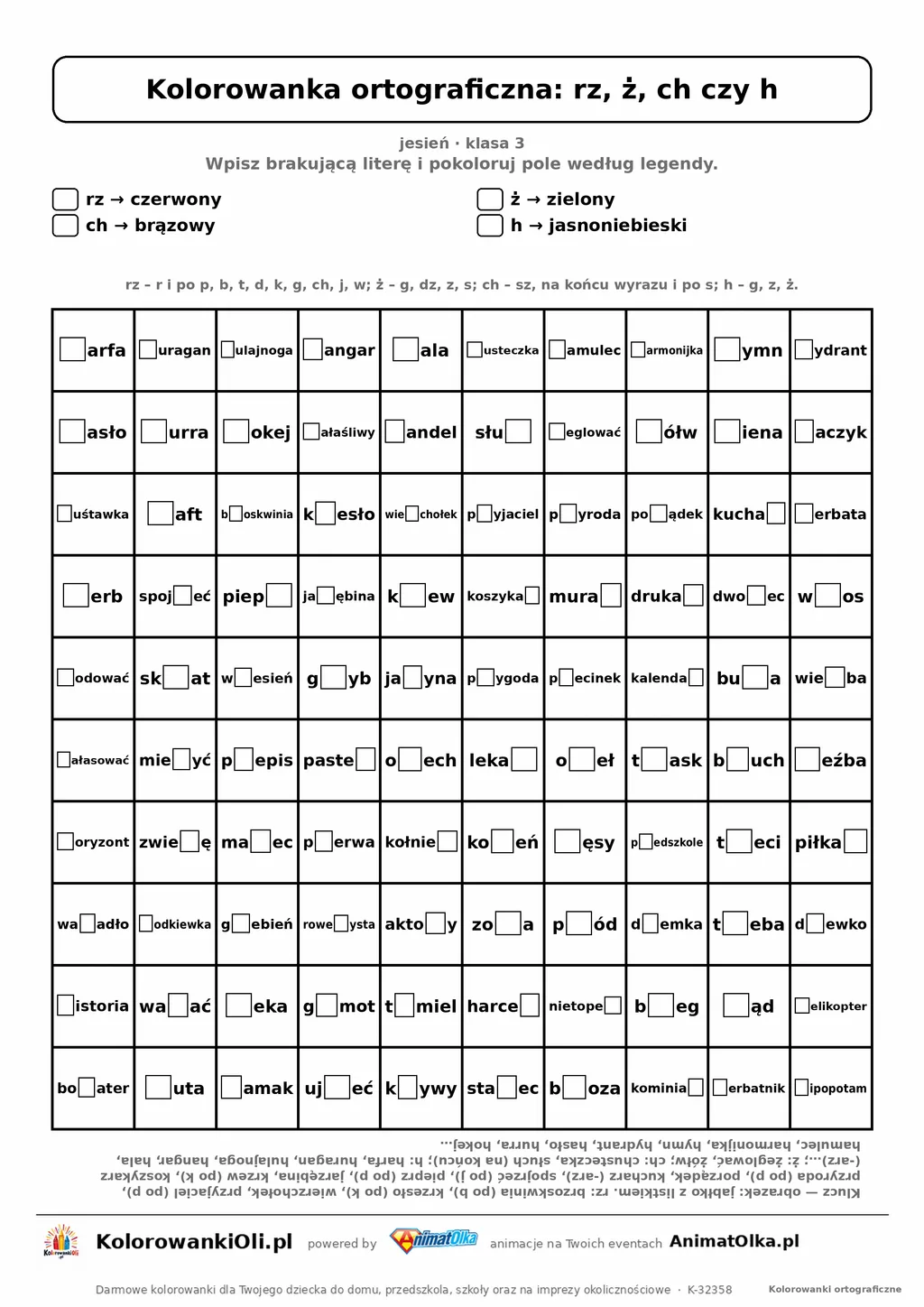 Kolorowanka ortograficzna rz, ż, ch czy h — 100 wyrazów z luką, obrazek jabłko, do druku (klasa 3)