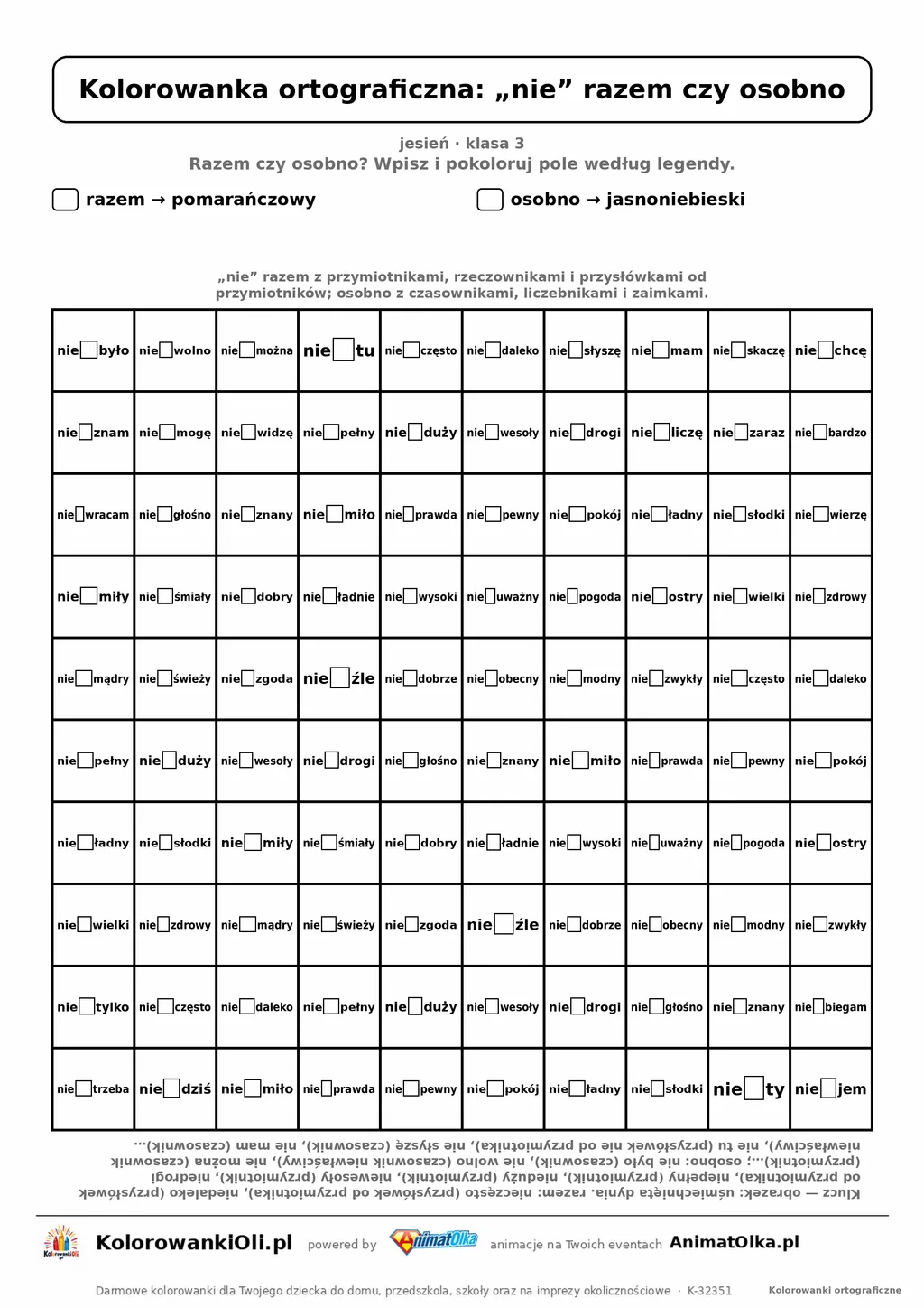 Kolorowanka ortograficzna „nie” razem czy osobno — 100 wyrazów z luką, obrazek dynia, do druku (klasa 3)