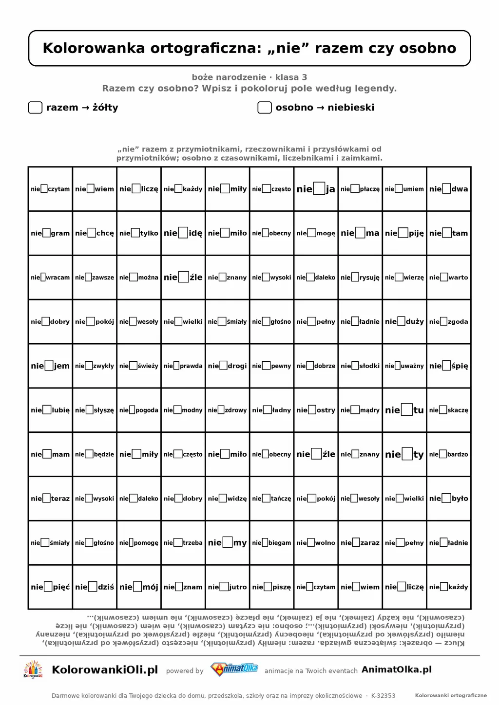 Kolorowanka ortograficzna „nie” razem czy osobno — 100 wyrazów z luką, obrazek gwiazda, do druku (klasa 3)