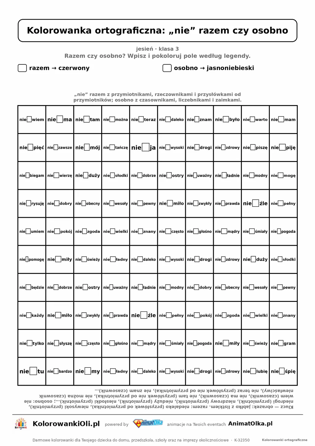 Kolorowanka ortograficzna „nie” razem czy osobno — 100 wyrazów z luką, obrazek jabłko, do druku (klasa 3)