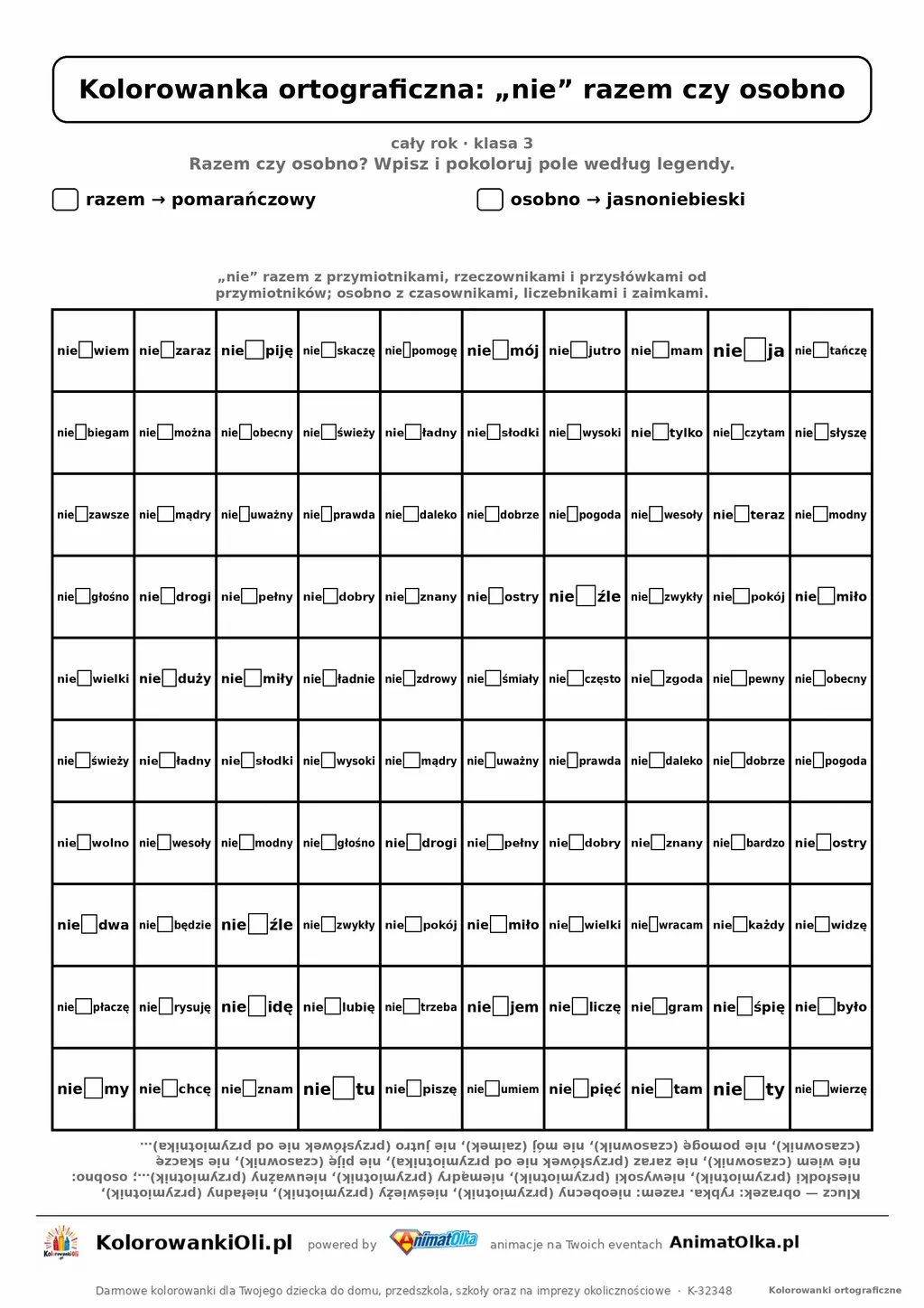 Kolorowanka ortograficzna „nie” razem czy osobno — 100 wyrazów z luką, obrazek rybka, do druku (klasa 3)
