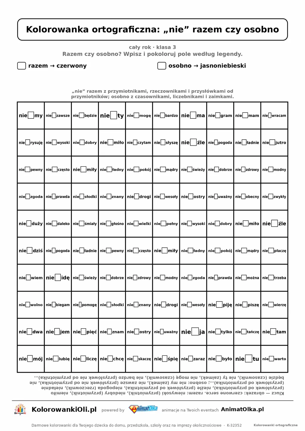 Kolorowanka ortograficzna „nie” razem czy osobno — 100 wyrazów z luką, obrazek serce, do druku (klasa 3)