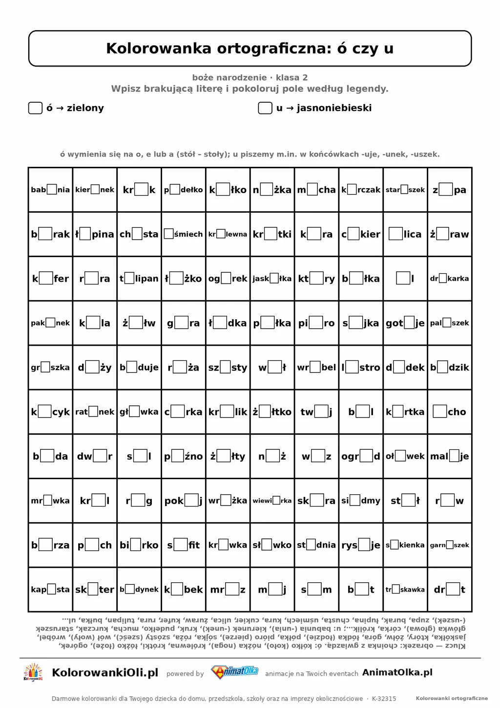 Kolorowanka ortograficzna ó czy u — 100 wyrazów z luką, obrazek choinka, do druku (klasa 2)