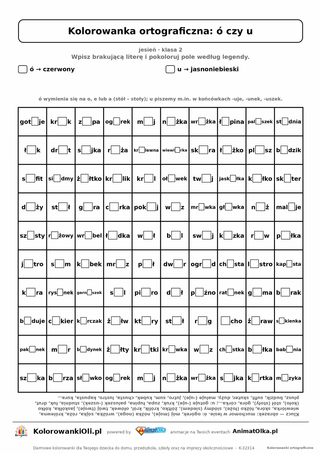 Kolorowanka ortograficzna ó czy u — 100 wyrazów z luką, obrazek muchomor, do druku (klasa 2)