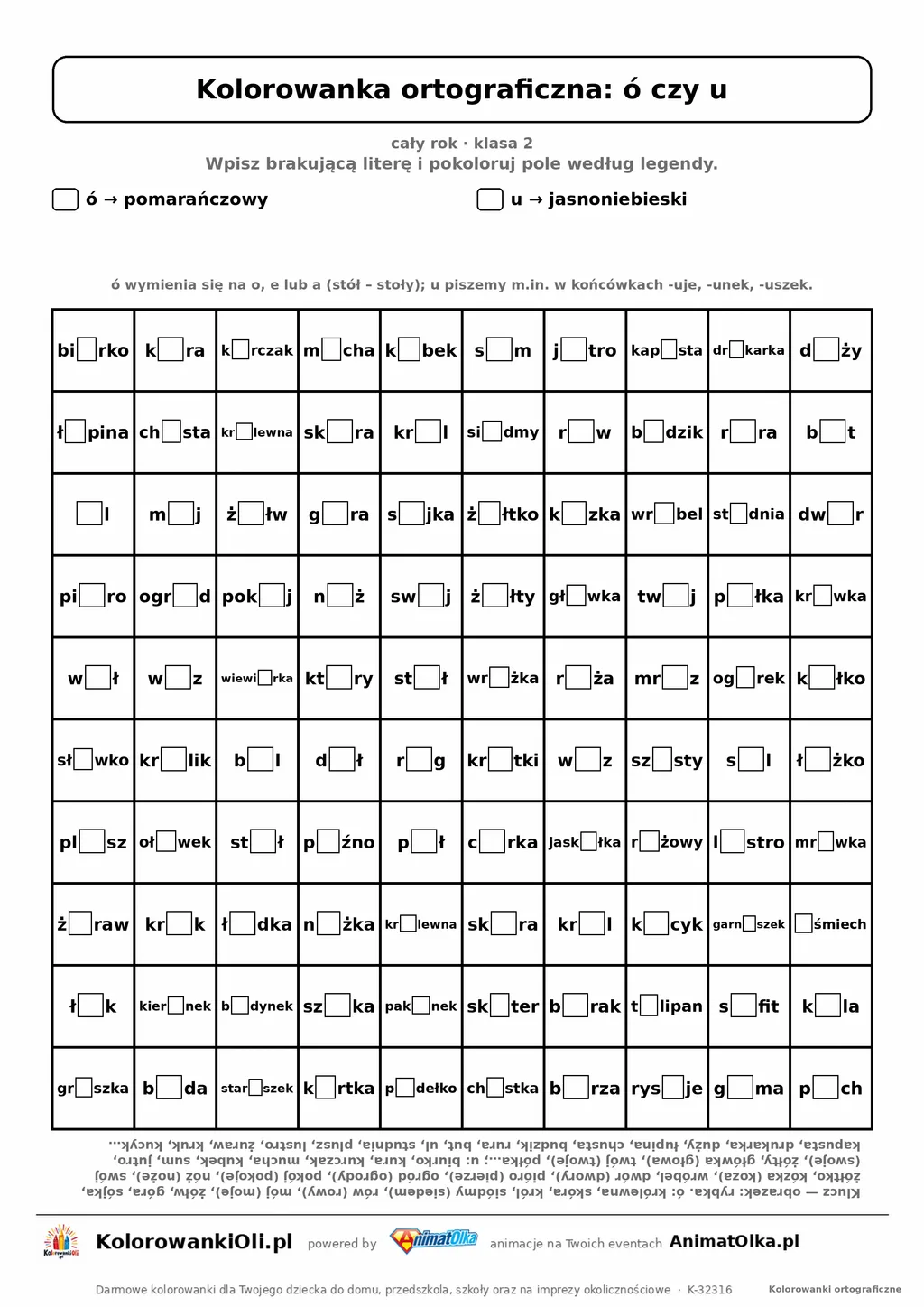 Kolorowanka ortograficzna ó czy u — 100 wyrazów z luką, obrazek rybka, do druku (klasa 2)