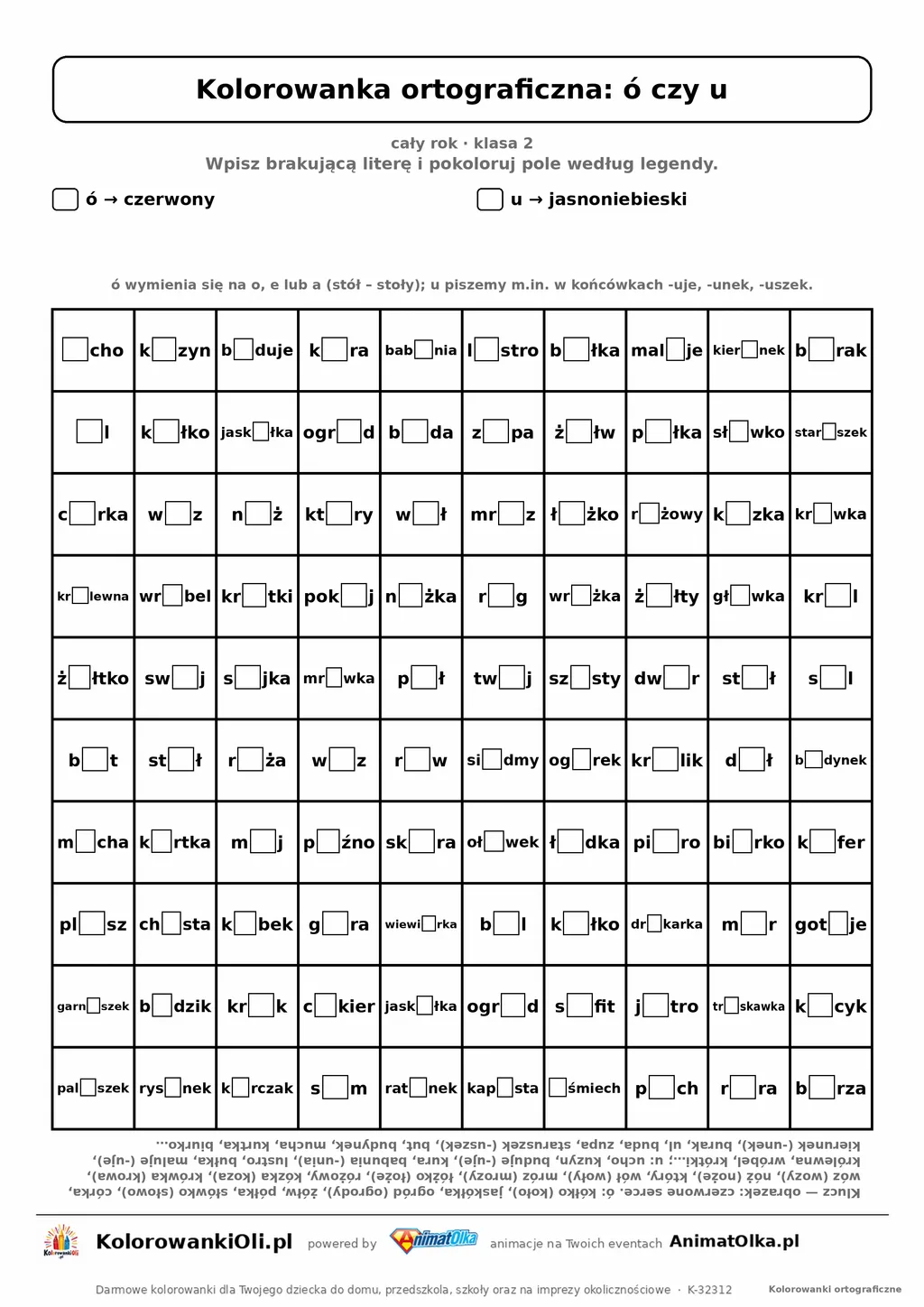 Kolorowanka ortograficzna ó czy u — 100 wyrazów z luką, obrazek serce, do druku (klasa 2)